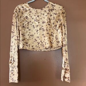 Zara Floral Long Sleeve Satin Crop Top - Cream and Brown